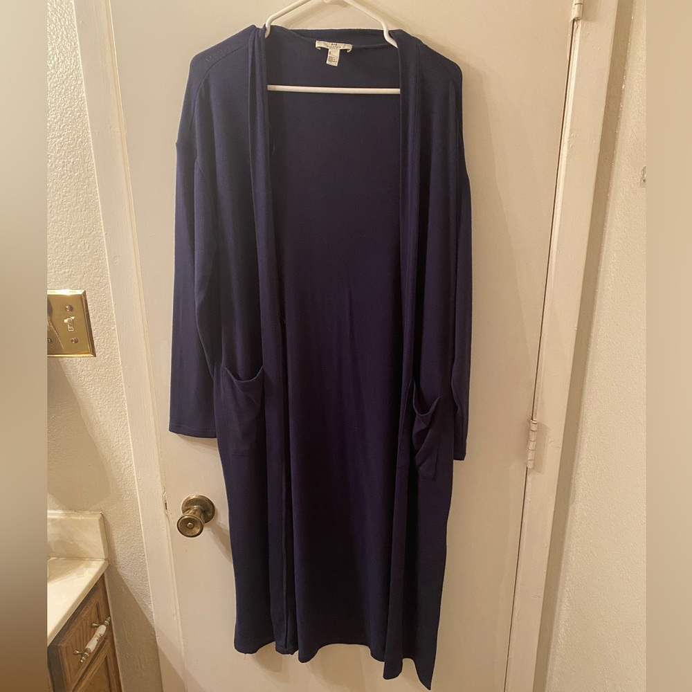H Halston Navy Blue Open Front Cardigan Duster with Pocket - Picture 3 of 7